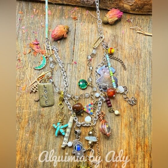 Handmade colorful eclectic charms necklace